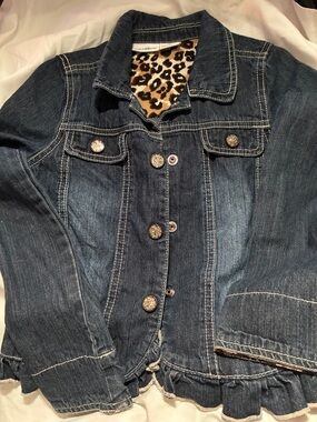 Girls' Dark Blue Denim Jacket with Leopard Accent